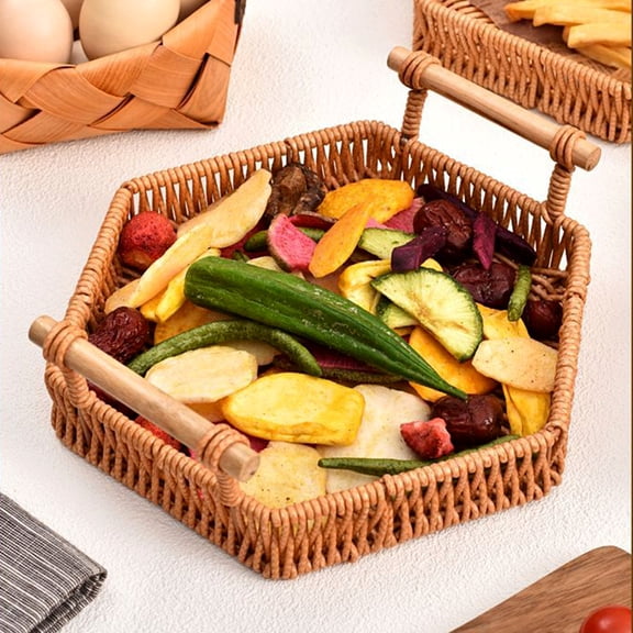 Bxaolu Imitation Picnic Basket with Handles Plastic Hand Woven Baskets for Storage, Garden Harvest, Easter, Empty Gift Basket, Brown, 10.6"