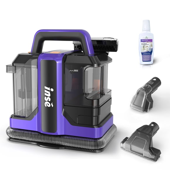 INSE Portable Carpet Cleaner Machine, Furniture Stain Vacuum, equipped with dual brush heads and stain-removing formula, delivers deep cleaning for carpets, sofas, stairs, cars, and pet stains.