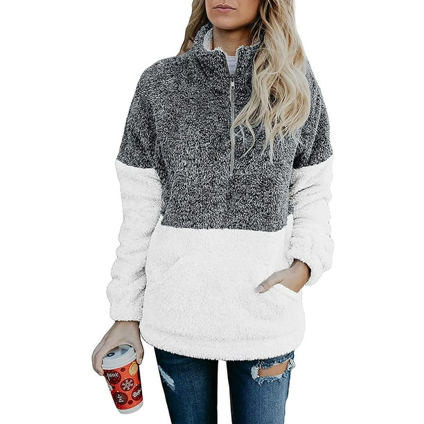 Women Sherpa Pullover Quarter Zip Long Sleeve Fluffy Soft Fleece
