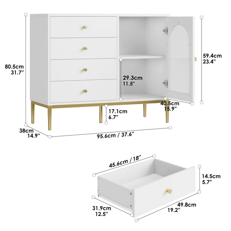 Homfa 4 Drawer Storage Cabinet, Modern Wooden Cupboard with Frosted GL