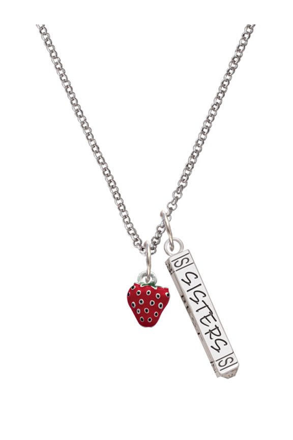 Silvertone Mini Red Enamel Strawberry Silvertone Sisters Best Friends Forever Bar Charm Necklace, 23"