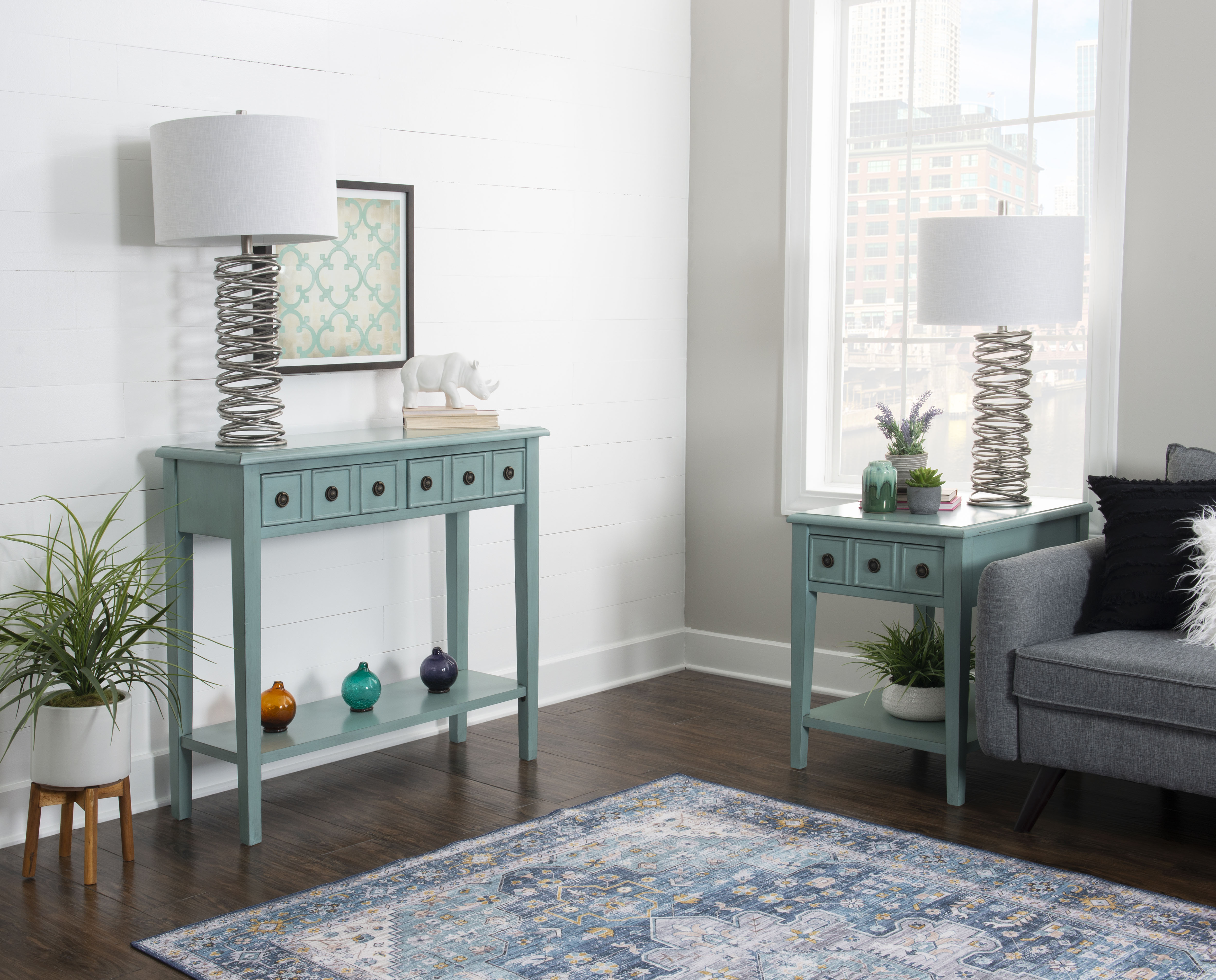 Sadie Farmhouse 2-Drawer Short Console Table with Shelf, Teal - image 4 of 14