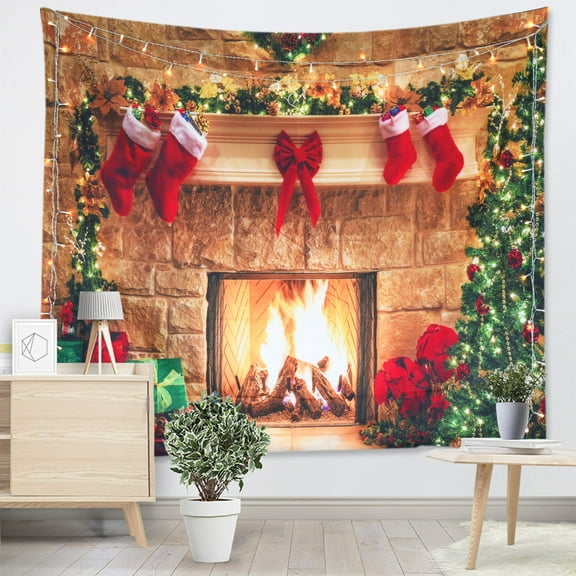 Oneluffy Christmas Fireplace Tapestry Xmas Wall Tapestry Christmas Tree Stocking Gift Box Tapestry Wall Hanging for Party Livingroom Bedroom Dorm Home Decor