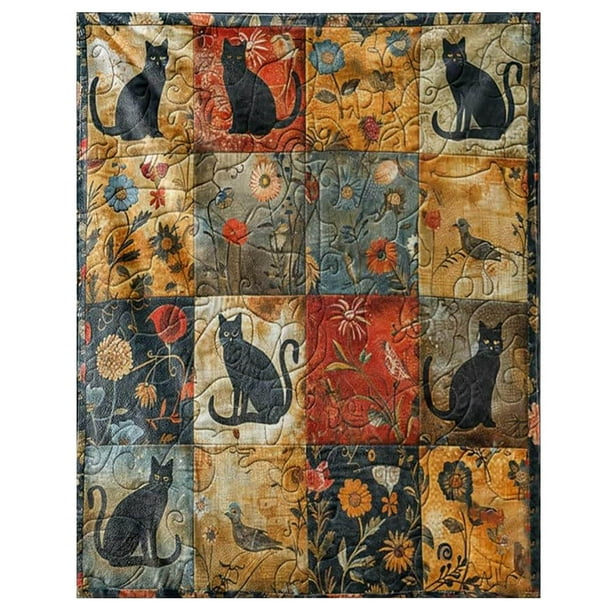 Manta de gato negro, imprescindible para dormitorio, con estampados de gatos y flores, manta de franela, regalo de cumpleaños para mujer.