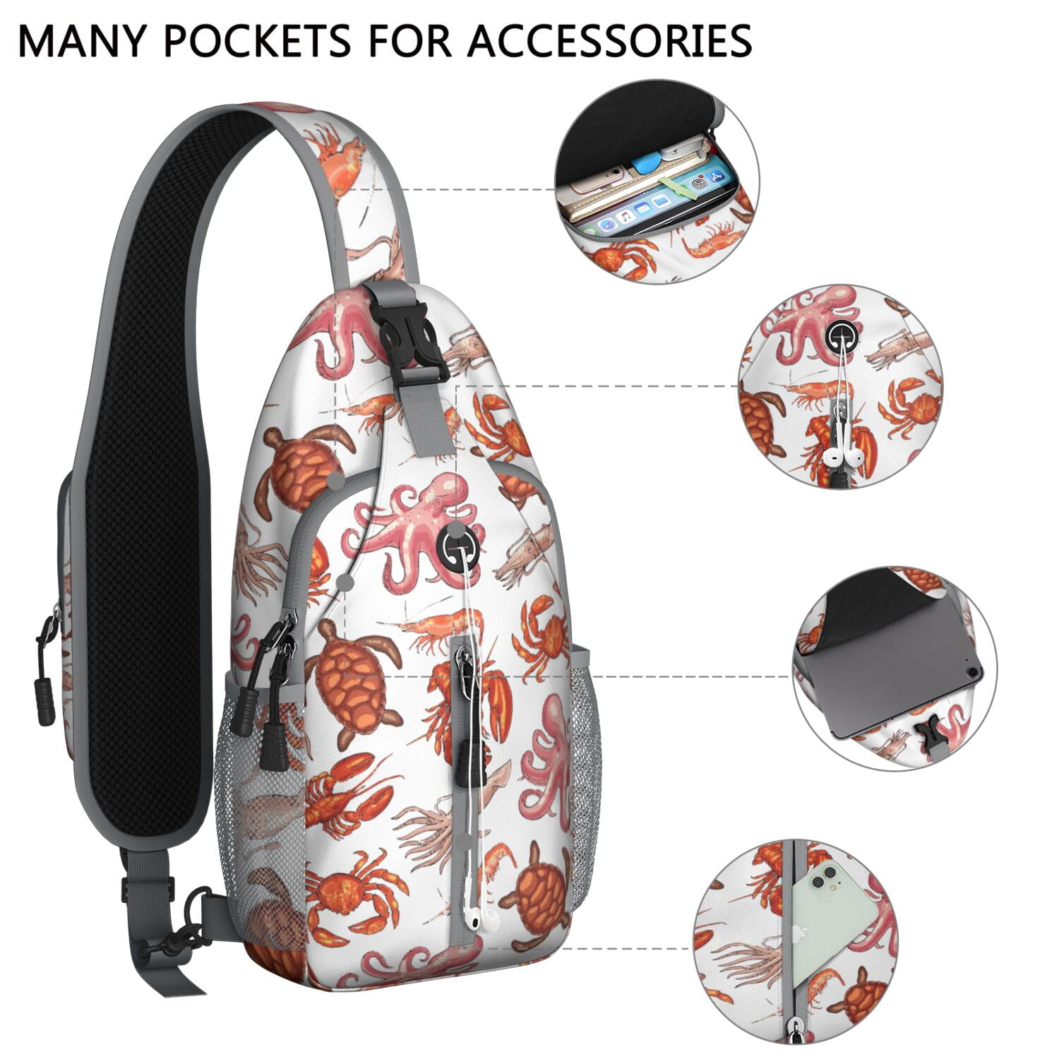 Crossbody Sling Backpack for Women Men Crab Shrimp Octopus Llobster Sea and Turtle Shoulder Sling Crossbody Casual Chest Bag for Travel Sports Running Hiking