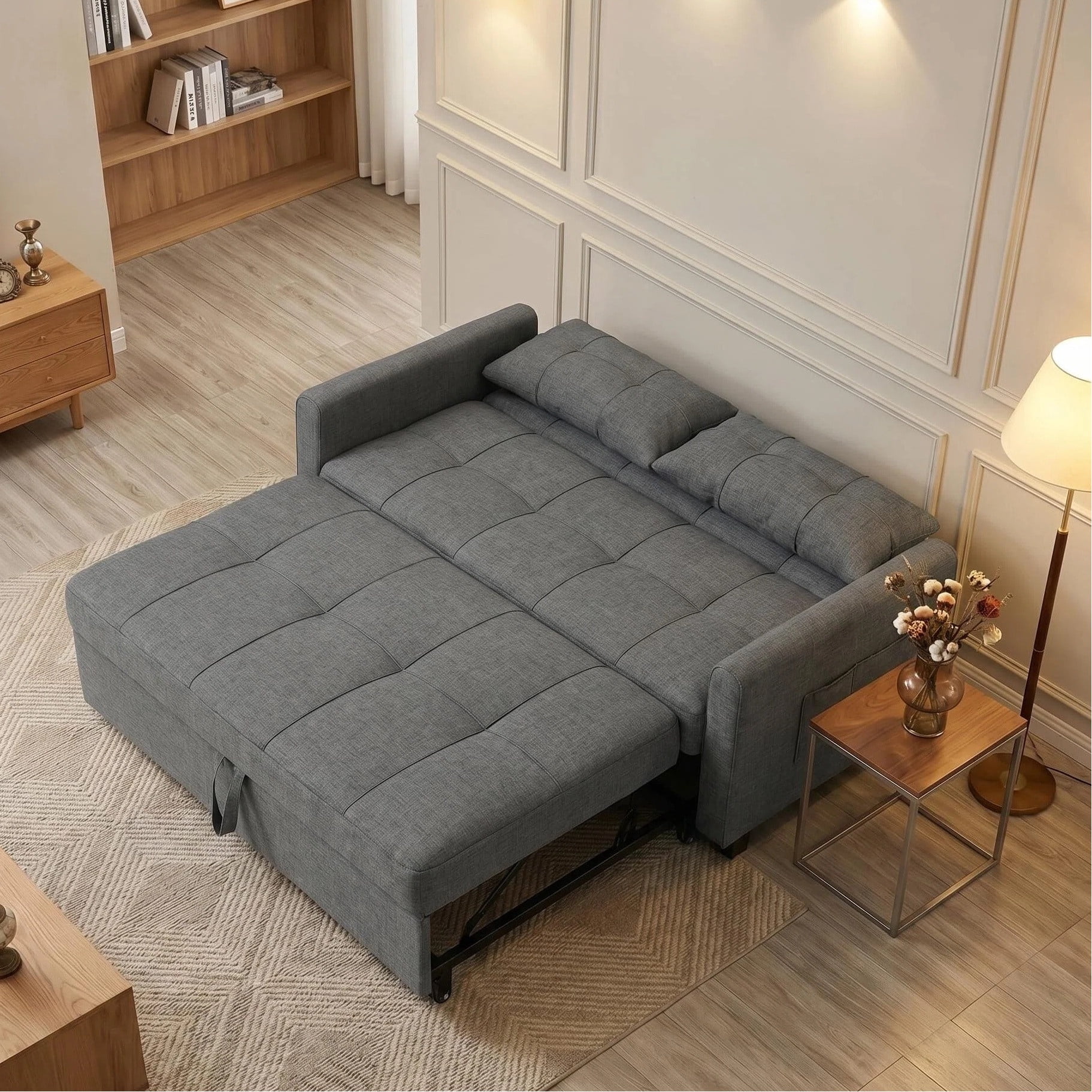 Lofka Futon Sofa Bed, 3 in 1 Convertible Recliner Sleeper with Adjustable Backrest, Pull Out Couch for Apartment Studio House, Linen Fabric, Dark Gray