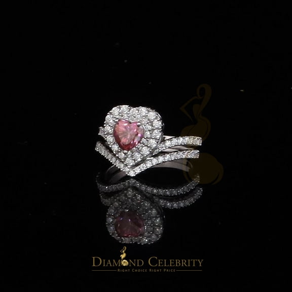 Diamond Celebrity's 1.66 CT Women's 925 Silver White VVS 'D' Pink Moissanite Heart Bridal Ring SZ 7