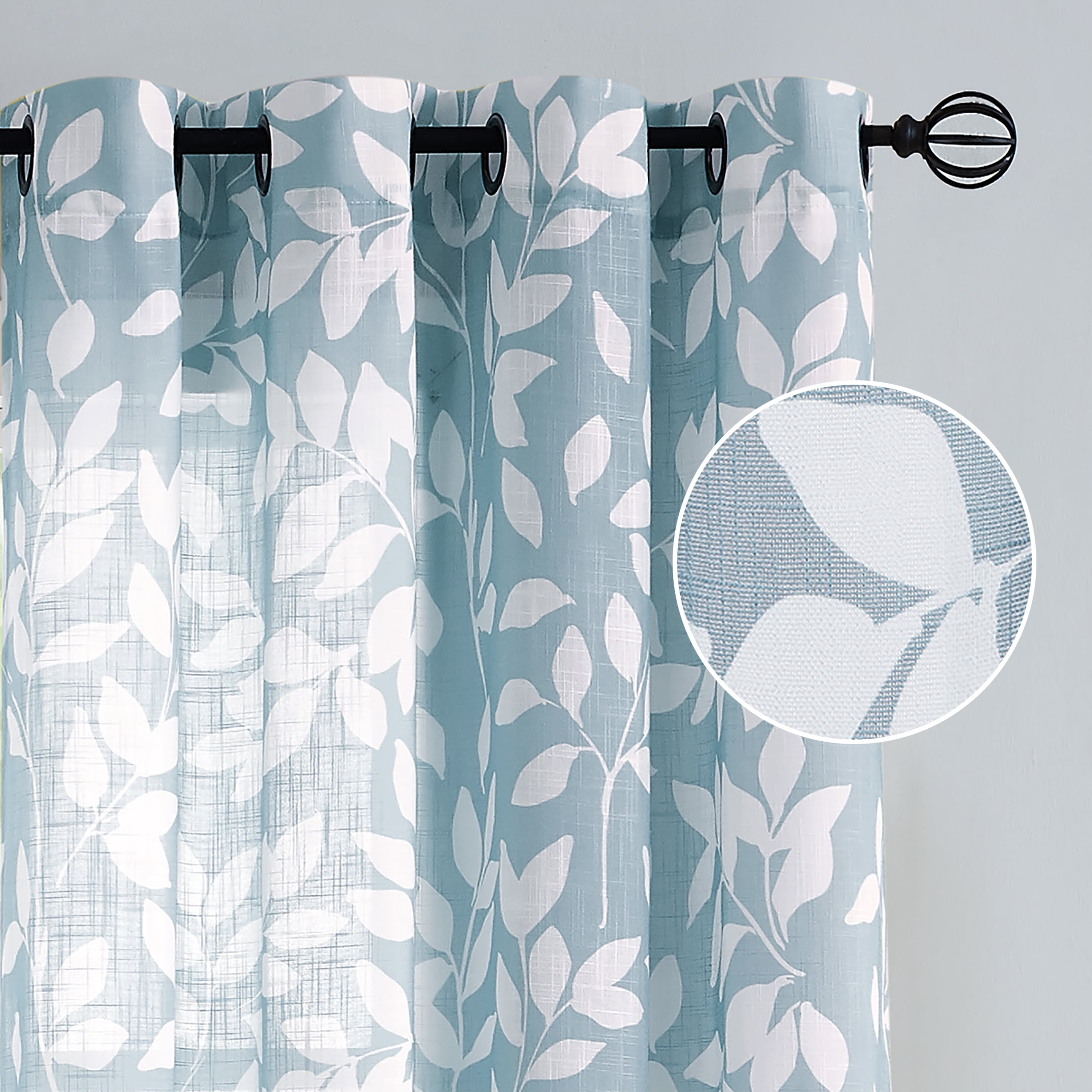 Exultantex Blue and White Semi Sheer Curtains for Kitchen Leaves Print Panels, 55"W x 63"L, Grommet Top, 2 Panels
