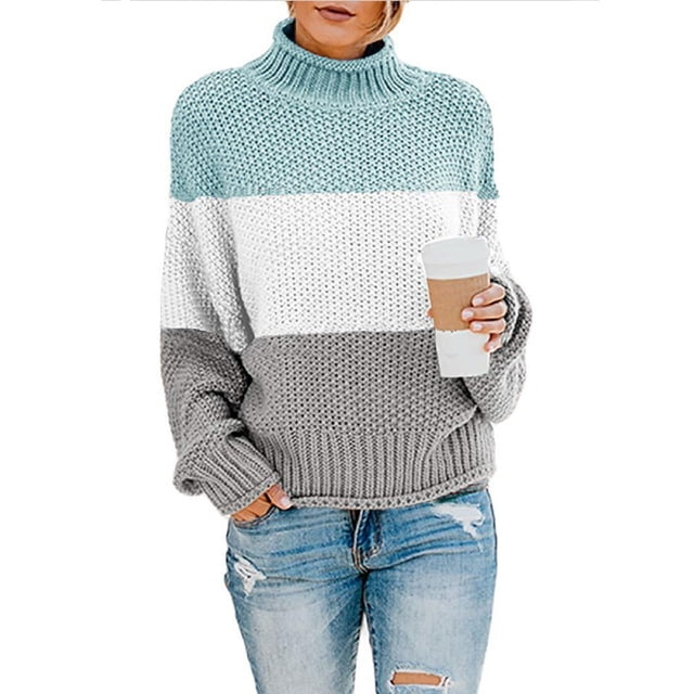 Rbaofujie Chandails à Col Rond Femmes Hiver Femmes Tricot Agencement de Couleurs Col Rond Ample Décontracté Chandails Hauts Bleu Automne Chemisiers