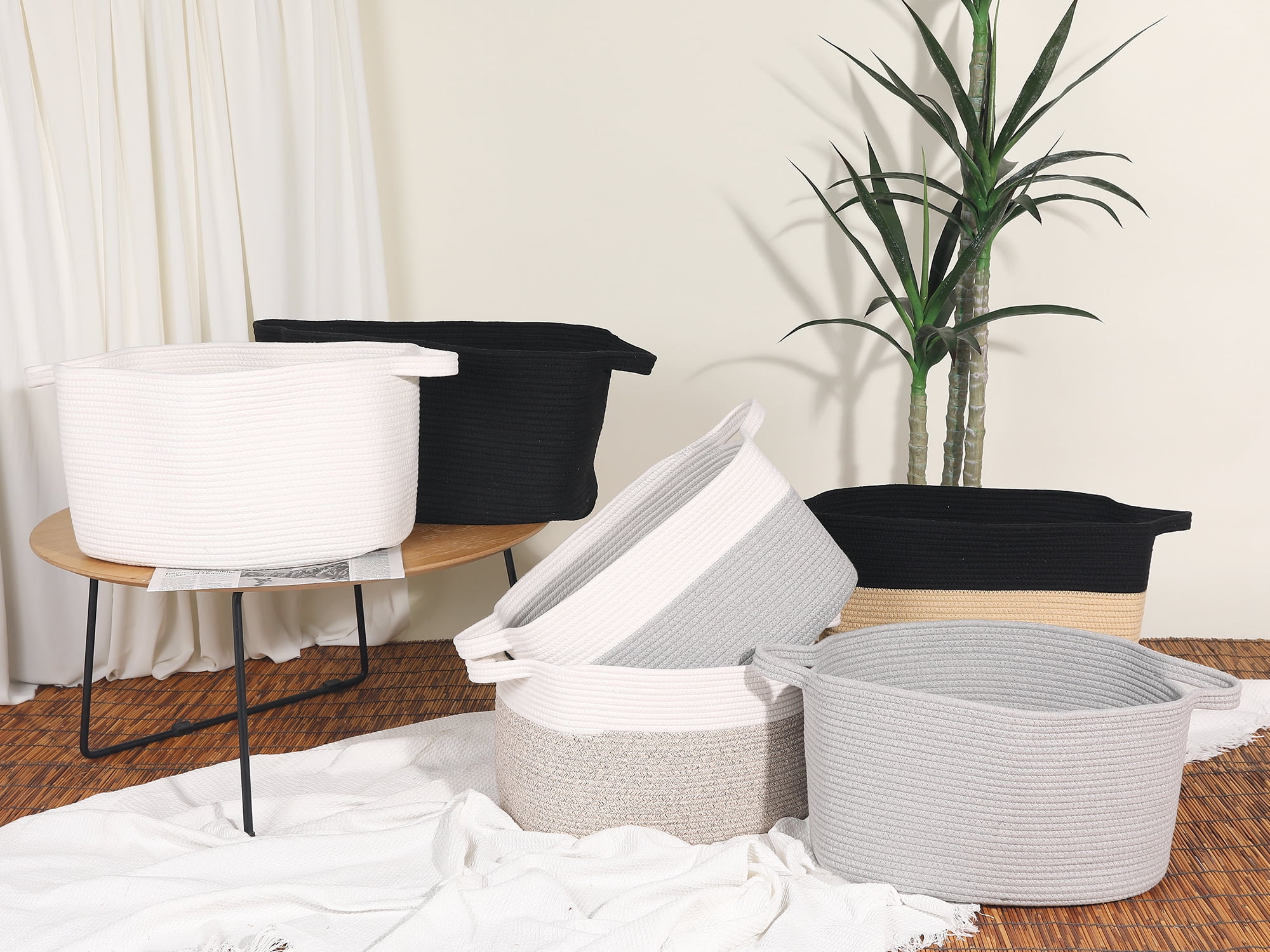 Unique Bargains Woven Storage Basket with Handle Shelf Storage Bin for Home White Grey