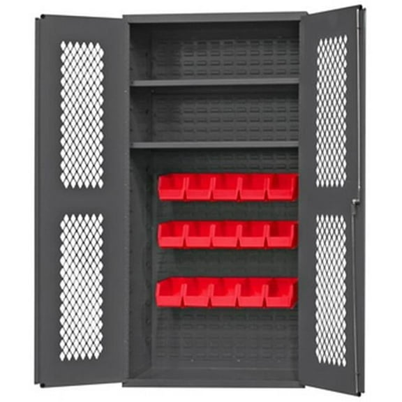 36 in. 14 Gauge Clearview Flush Door Style Lockable Cabinets with 15 Red Hook on Bins & 2 Adjustable Shelves, Gray