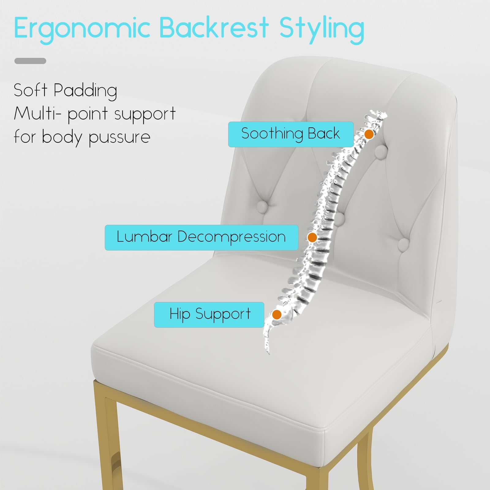 iooHug Set of 4 White Bar Stools, 24" Counter Height Bar Stools, PU Leather Kitchen Island Stools with Back and Gold Footrest, Modern Bar Chairs for Dining Room or Home Bar