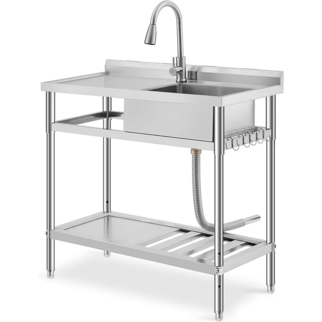 39 x 20 x 39in Freestanding Single Bowl Stainless Steel Utility Sink con Pull-Out cm de Alturaot & Cold Faucet S- cm de Alturaooks Estante de Almacenamiento y Ajustable Legs para Laundry Sala...