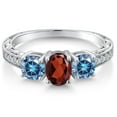 thumbnail image 3 of Gem Stone King 925 Sterling Silver 3-Stone Ring Oval Red Garnet and Vivid Persian Blue Moissanite (1.99 Cttw, Size 6), 3 of 6