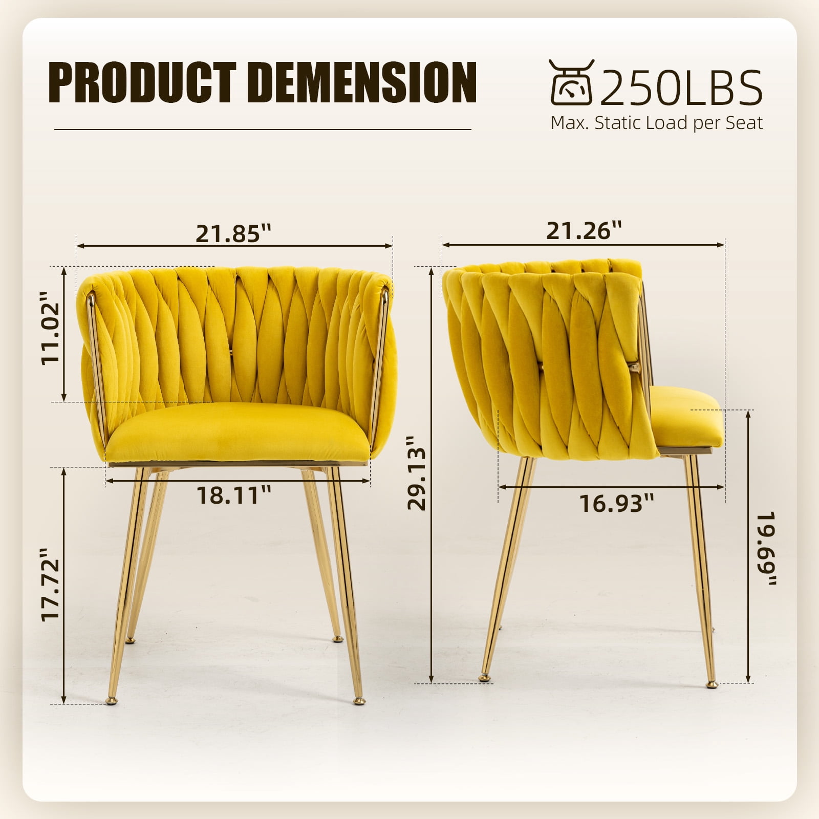 MOONMISS Velvet Upholstered Tufted Wood Frame Side Dining Chair with Golden Legs（set of 2）-Yellow