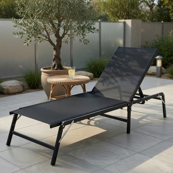2-Pack Foldable Black Patio Chaise Lounge Chairs with 5-Position Adjustable Backrest – Heavy-Duty Metal Frame, Breathable Fabric, 330 lb Capacity