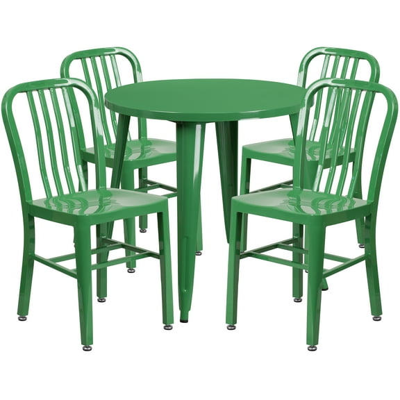 Flash Furniture Chad Commercial Grade 30" Round Green Metal Indoor-Outdoor Table Set with 4 Vertical Slat Back Chairs