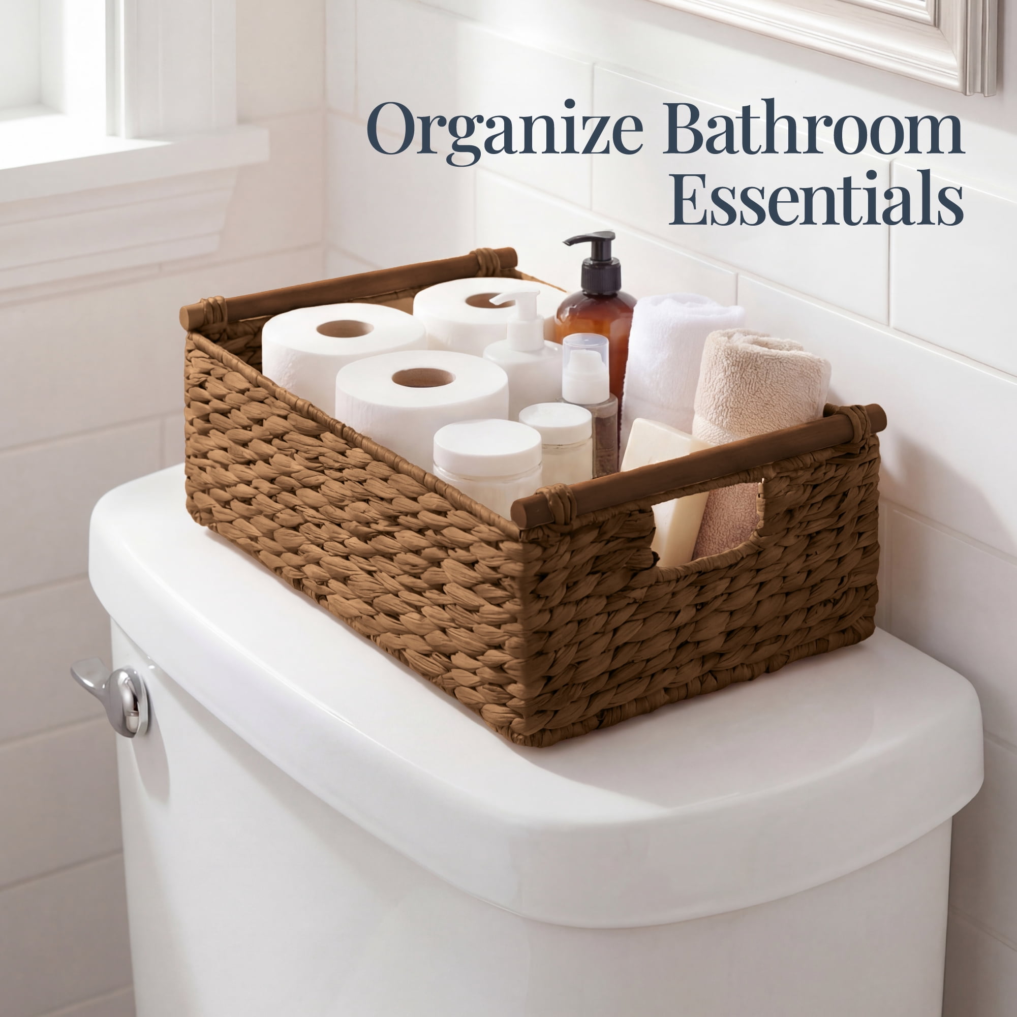Best Choice Products Wicker Storage Basket, Shelf Basket w/ Wooden Handles, Rectangular Storage Bin - Chestnut