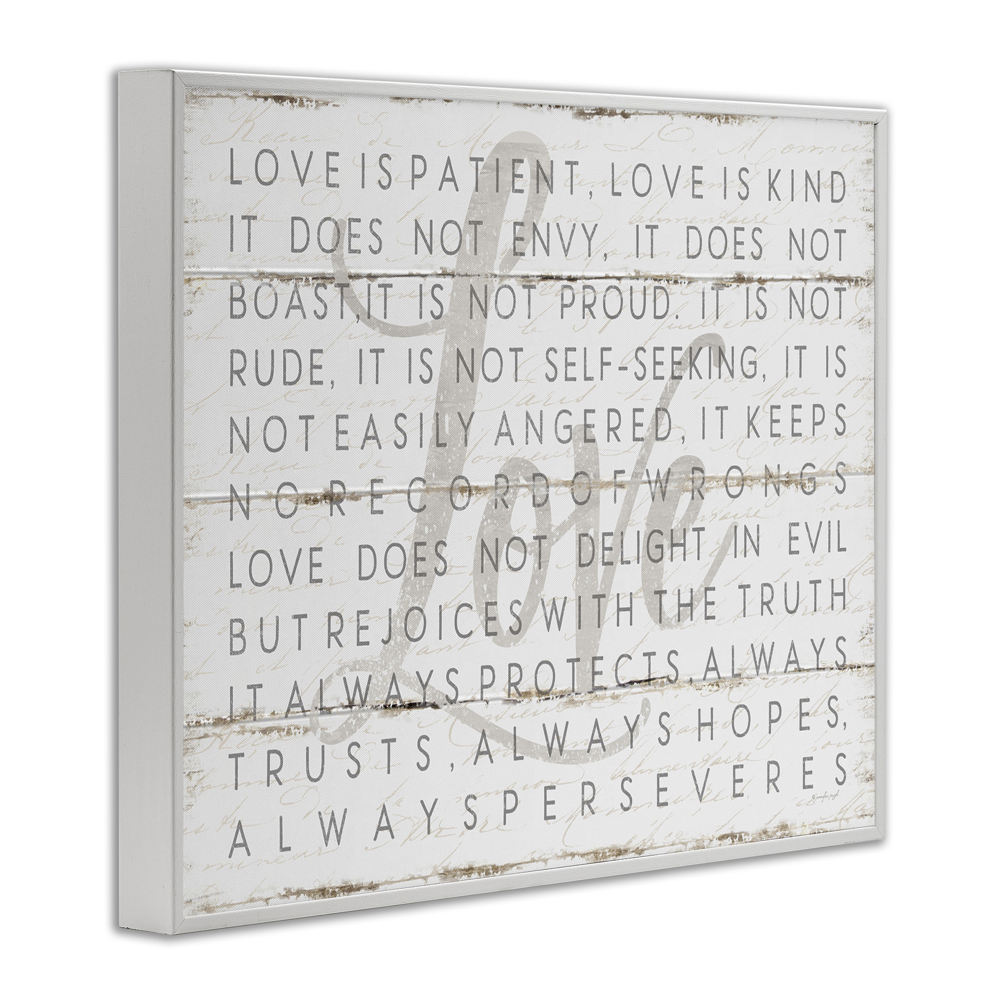 Stupell Industries Love Is Patient Grey on White Planked Look, 24 x 30,Design by Jennifer Pugh