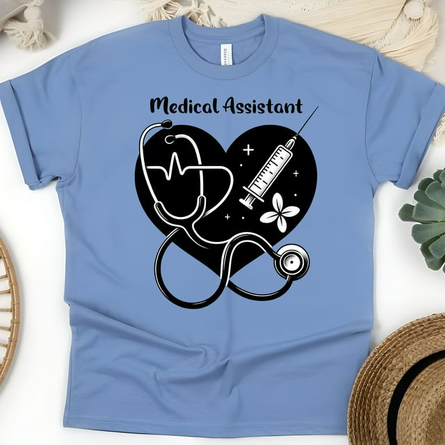 T-Shirt Graphique Assistant Médical avec Design Cœur et Stéthoscope, CarolinaBlue, Taille G