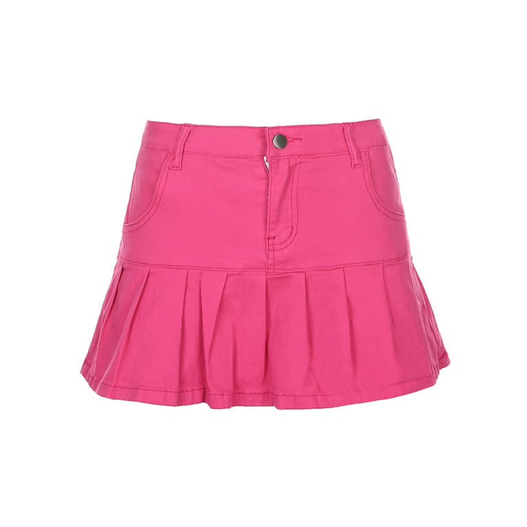 Sunisery Women's Slim Ruffle Pleated Denim Skirts Y2K A-Line Short Jean  Mini Skirts Pink S
