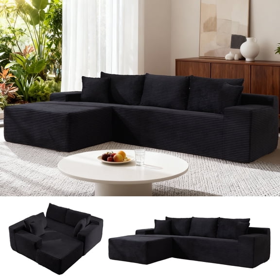 105" Boneless Couch with Chaise L Shaped Cloud Couch with Waist Pillows Comfy Corduroy Deep Seat Modular Sectional Sofa for Living Room Bedroom