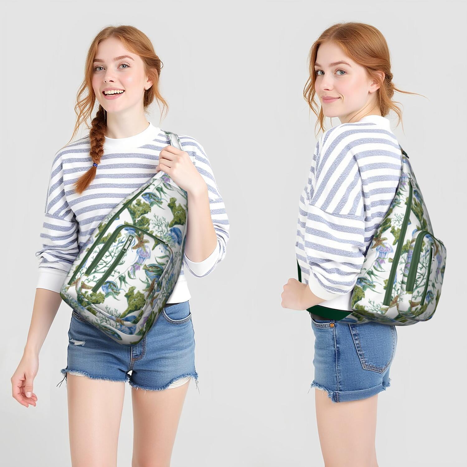 Nautical Sling Bag - Vintage Ocean Theme with Starfish, Seahorse & Seashells Print, Waterproof Lightweight Chest Pack for Beach & Seaside Adventures (Adjustable Strap, Unisex)