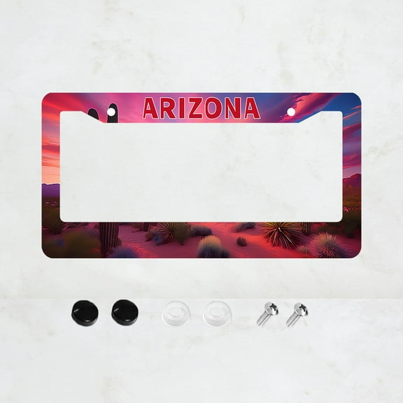 Arizona's Sunset Desert Cactus License Plate Prame Aluminum Rust-Proof Auto Parts License Plate Decorative Screws Fit Standard 2 Holes 1 U.S. License Plate, 12.2x 6.3 Inch