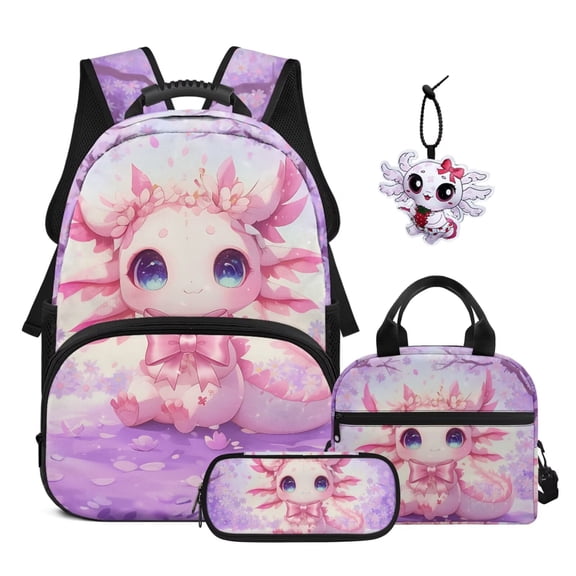 Yuyamidu Adorable Pink Axolotl Kids Bookbag and Lunch Box for Girls 6th Grade 4pcs School Backpack Set with Lunch Box Large Capacity Lunch Tote Bag Pencil Case for Kids 5-6 Years