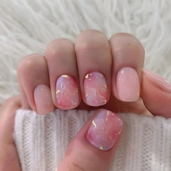 RAGUPEL Press on Nails Short Round Head Fake Nails Nude Pink Acrylic Nails Full Cover False Nails with French Marble Designs Stick on Nails Fall Reusable Artificial Nails for Women