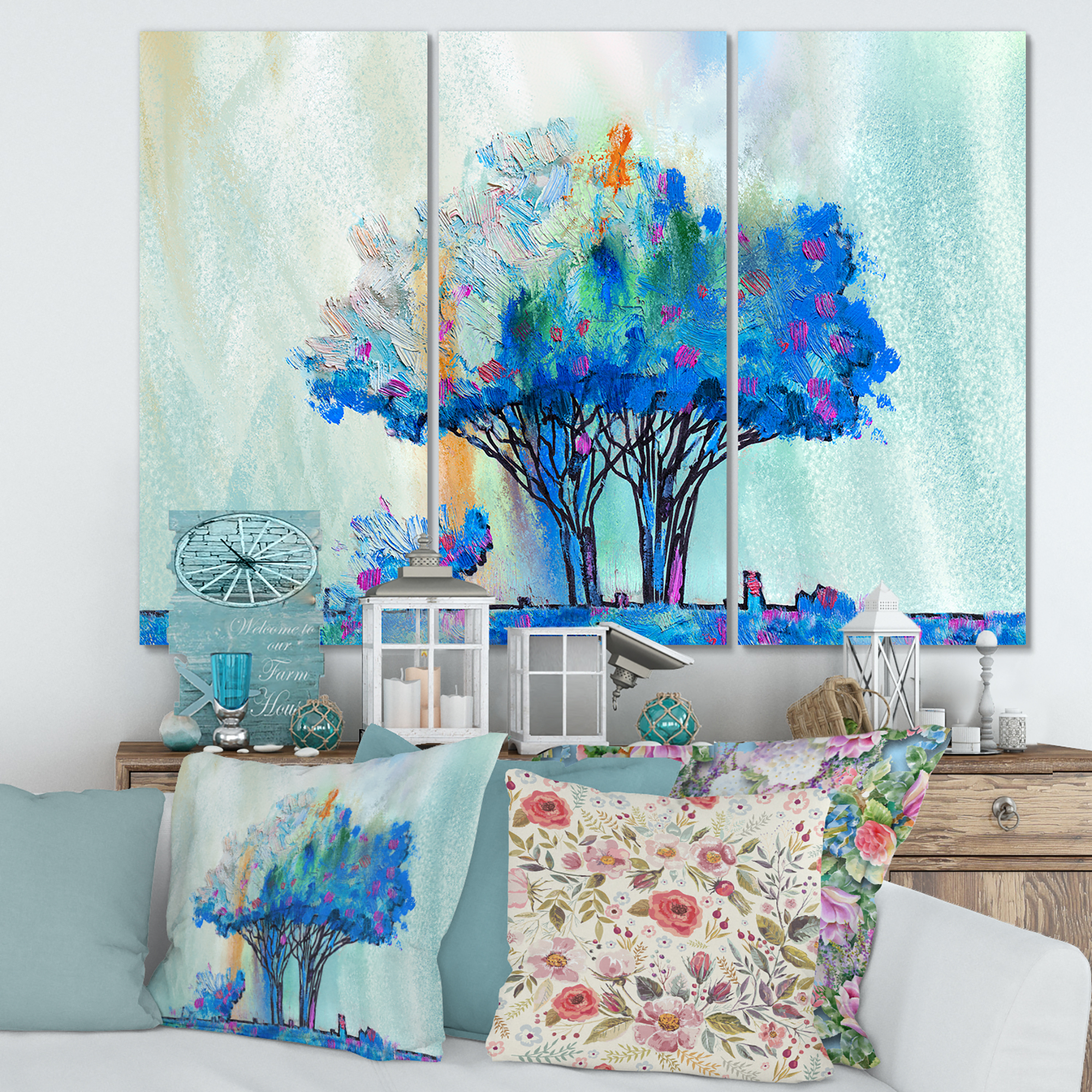 Designart ' Blue Coloured Tree Abstract Impression I ' Modern Canvas Wall Art Print