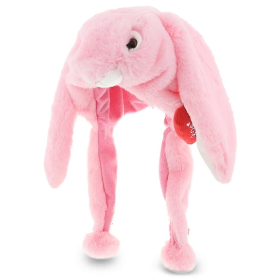 DolliBu I LOVE YOU Pink Bunny Plush Hat – Cute Bunny Stuffed Hat with Red Heart for Valentine, Anniversary, Romantic Date, Boyfriend, or Girlfriend Gift – 16.5 Inches