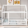 thumbnail image 2 of Twin Size House Bed for Boys and Girl, Wooden Canopy Bed Tent Bed, Playhouse Design Bed Frame with Full-lenth Guardrail, Bedroom Furniture, 79.5”L x 44.8”W x 66.2”H, White, 2 of 7