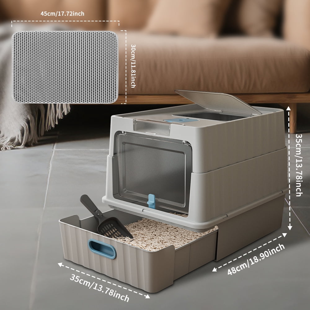 Cat Litter Box + Mat, Drawer-Style Enclosed Large Odor-Control Kitty Toilet with Pull-Out Tray, for Kittens, Big Cats & Multi-Cat Homes, Gray
