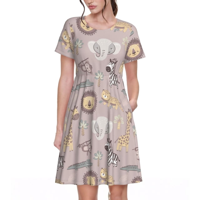 Disketp Safari Animals para Vestido de Manga Corta para Mujeres, Vestidos de Verano para Mujeres, Casual y Holgado para la Playa