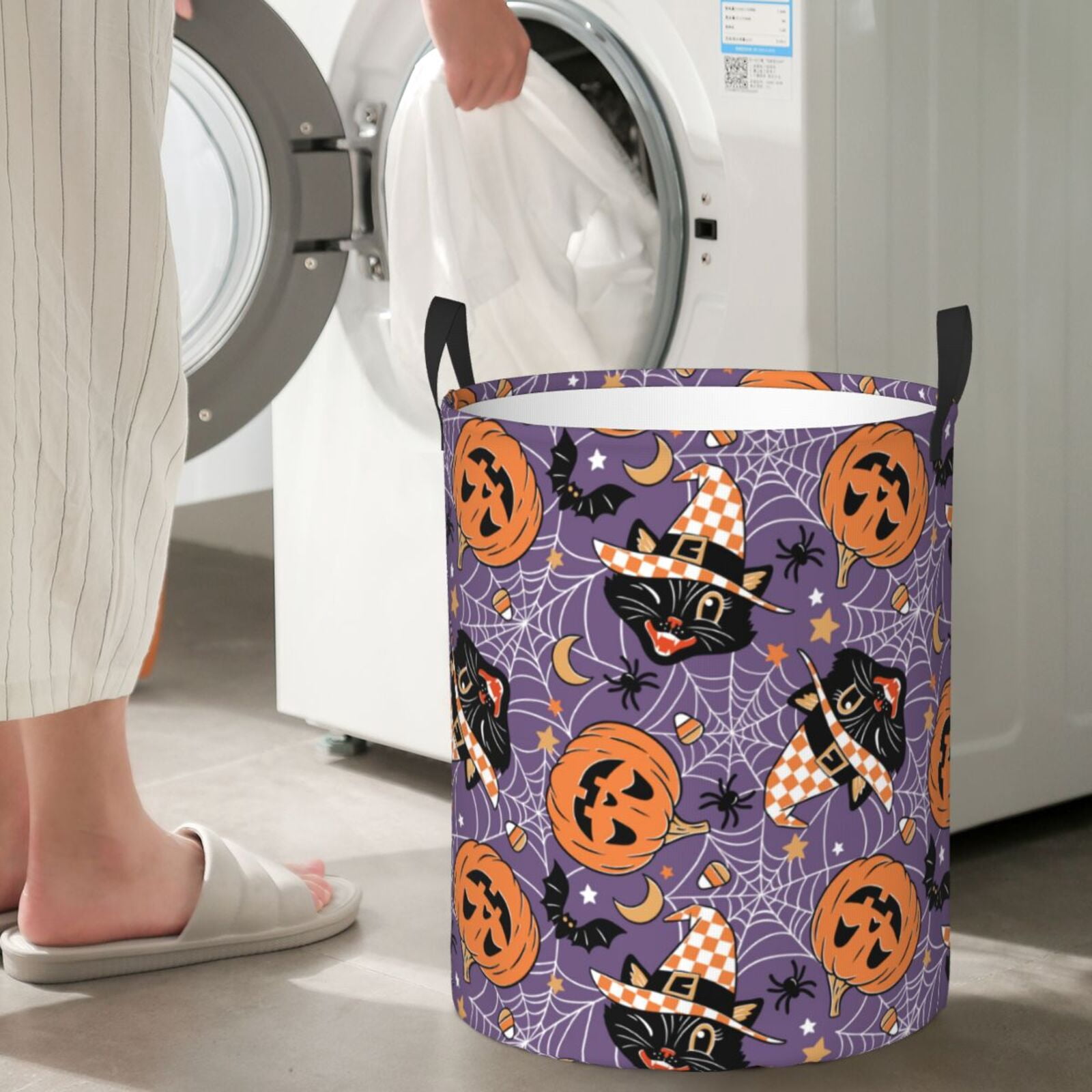 Fuzoiu Vintage Halloween Black Cat Print Circular Hamper,Laundry Basket with Handle,Collapsible Laundry,Dirty Clothes Storage Basket,for Bedroom Bathroom Dorm Living Room-Small