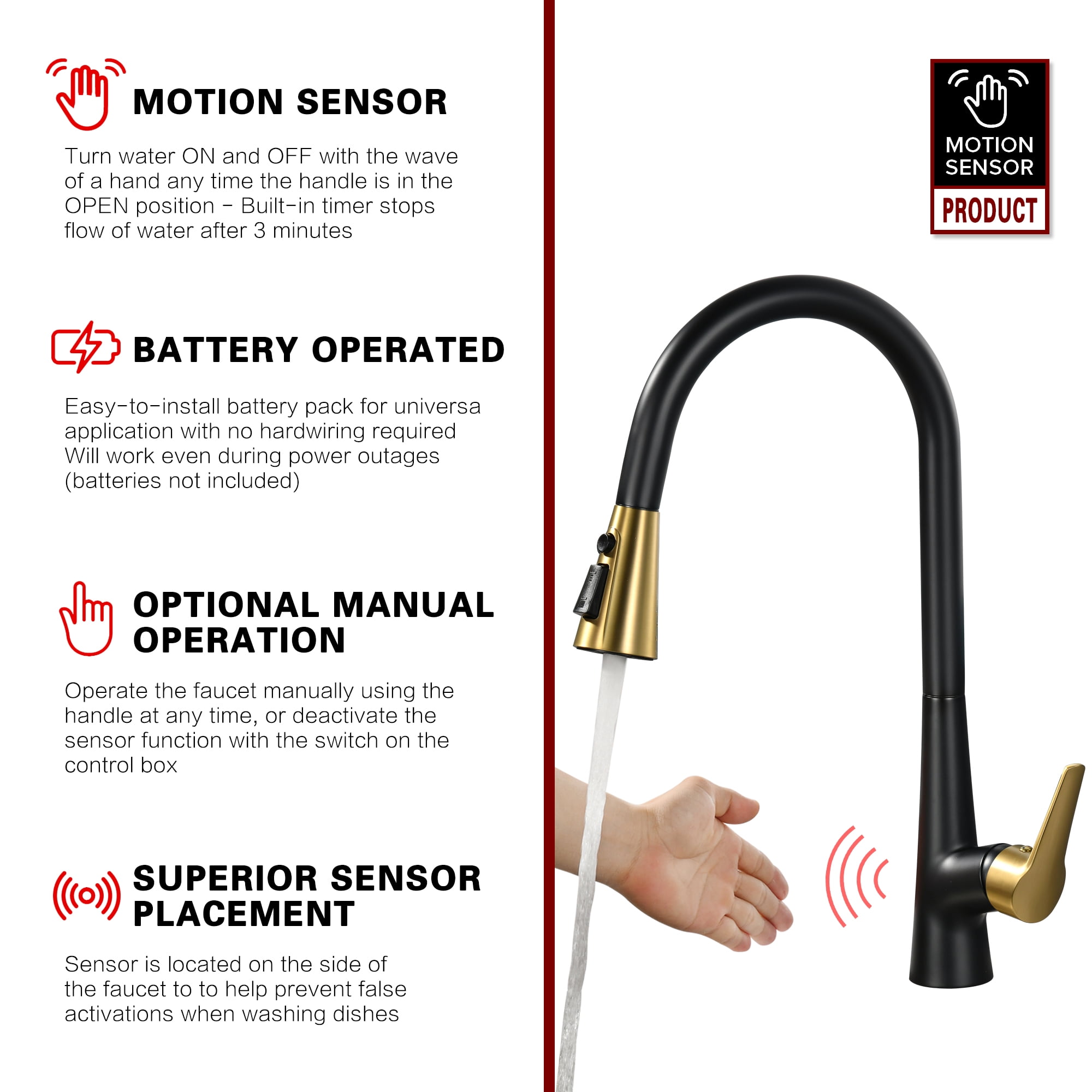 sumerain Motion Sensor Activated Kitchen Sink Faucet with Pull Down Sprayer,Hands-Free Touchless Kitchen Faucet Black & Gold
