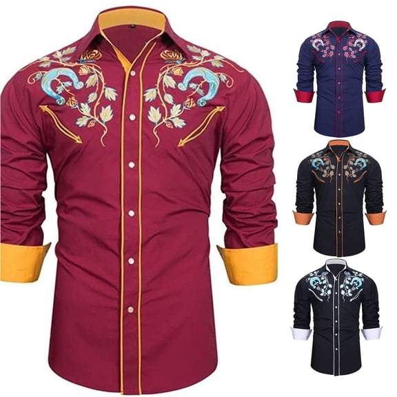 Trendfront Mens Dragon Floral Western Shirts Colorful Yoke Graphic And Contrast Cuffs Collared Long Sleeve Statement Dress Shirt Tops