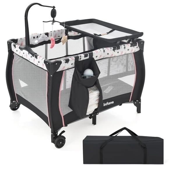INFANS 3 in 1 Pack and Play, Portable Travel Baby Crib Bassinet with Detachable Mattress, Newborn Changing Table, Foldable Playpen with Carry Bag and 2 Wheels