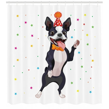 Boston Terrier Shower Curtain Party Puppy Figure Celebrating His