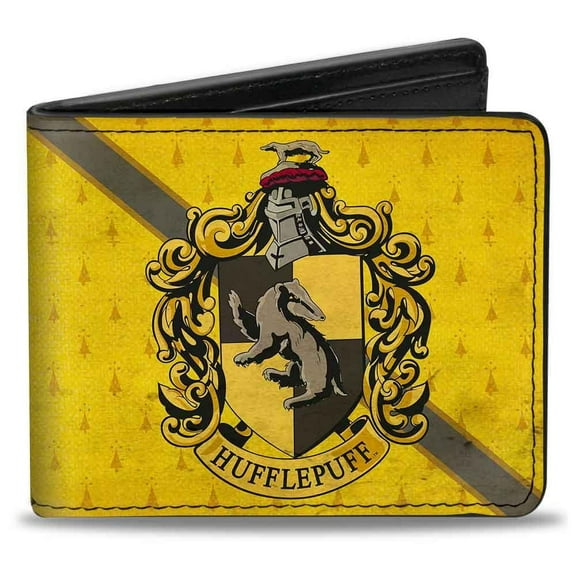 The Wizarding World of Harry Potter Wallet, Bifold, Hufflepuff Crest Stripe4 Weathered Gold Brown, Vegan Leather