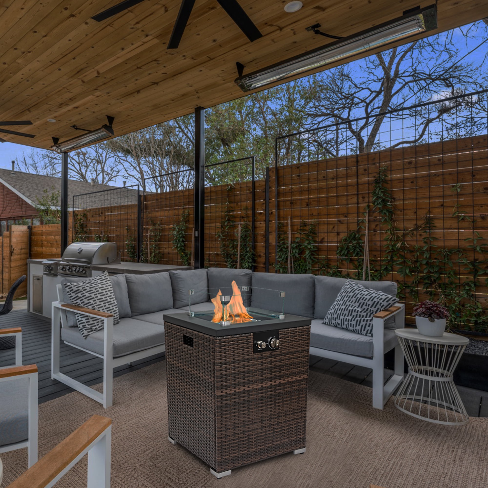 Harper & Bright Designs 24" Patio Steel Propane Fire Pit Table, 50000 BTU, Outdoor Square Gas Fire Pit with Glass Wind Guard, Wicker Firepit with Lid and Rain Cover for Garden Courtyard, Dark Brown