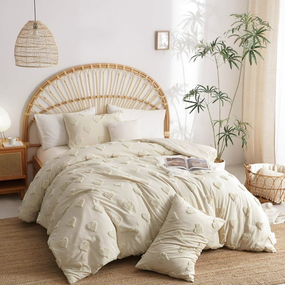 3 Pieces Tufted Heart Dot Beige Queen Comforter Set Boho Ultra Soft Jacquard Lightweight Comforter Shabby Chic Washed Microfiber Bedding Set