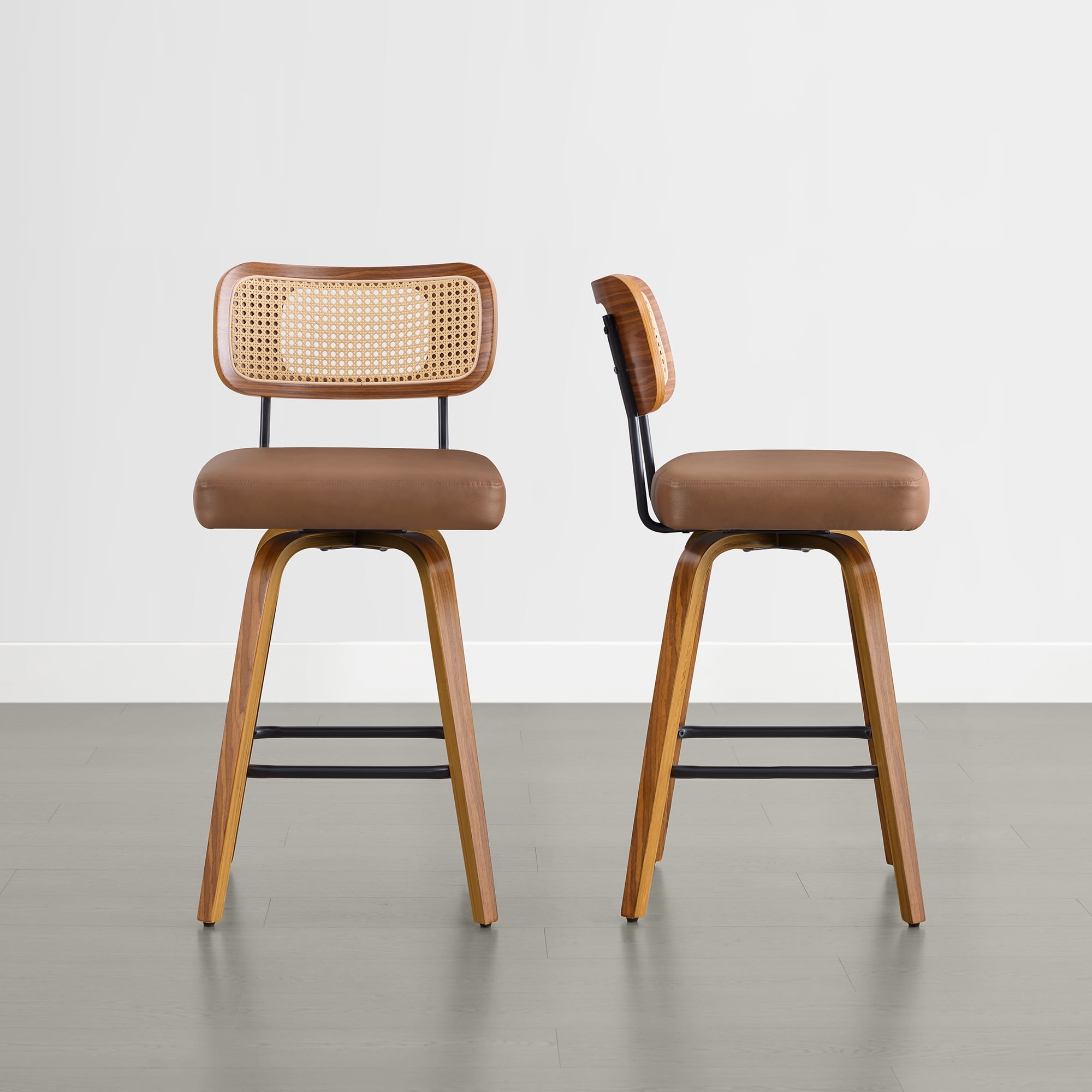 Spruce & Spring 26" Swivel Counter Bar Stool with Walnut Bentwood Frame Set of 2, PE Rattan Back, Brown