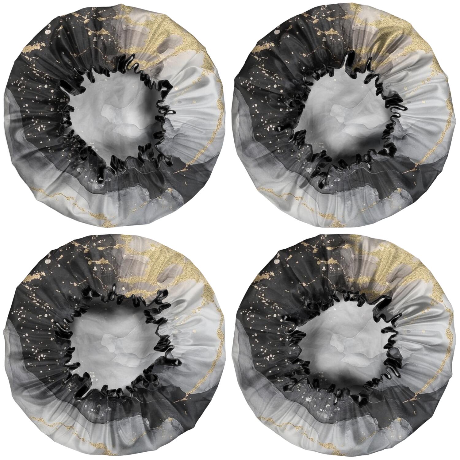 Shower Caps,Black White Gold Marble Pattern Waterproof Shower Cap for Women 4 Pieces,Double Reusable Hair Cover for Shower PEVA Elastic Stretch Hem