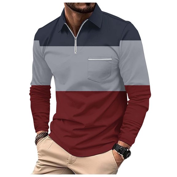 Bibifish Mens Polo Shirt Two Tone Color Block Panels Zip Front Collar Shirt Simple Chest Pocket Minimalist Tops