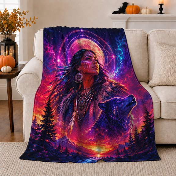 Woman with Wolf under Glowing Moon, Dramatic Fantasy Style for Wildlife Lovers, Neon Mountain Spirit Scene and Birthday Gift, Cozy Flannel Blanket for Cabin and Bedroom, Home Decor