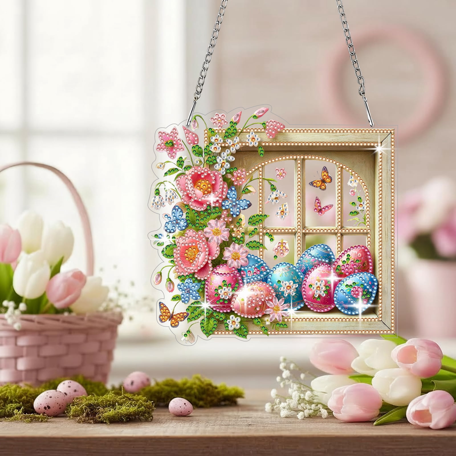 FLOPESN DIY Easter Diamond Art Painting Pendant Kit - 7.08X7.87in Acrylic Single-sided Rhinestone Dotting Pendant Wall Decor-4Pcs
