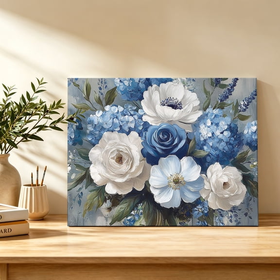 Oil Painting Floral Canvas Wall Art, Blue White Hydrangeas Peony Wall Art Prints Artwork Framed Canvas Ready to Hang Art Pictures for Bathroom, Dressing Table, Entryway 12" x 8"