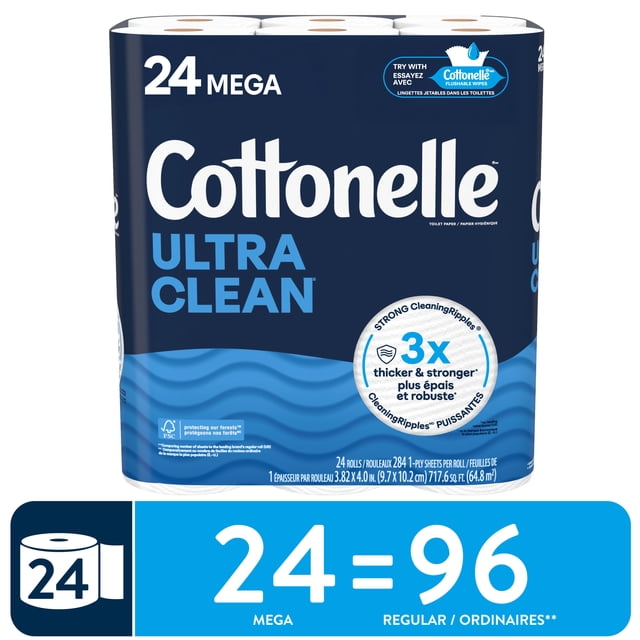 Cottonelle Ultra Clean Toilet Paper, Strong Toilet Tissue, 24 Mega Rolls (24 Mega Rolls = 96 Regular Rolls), 284 Sheets Per Roll